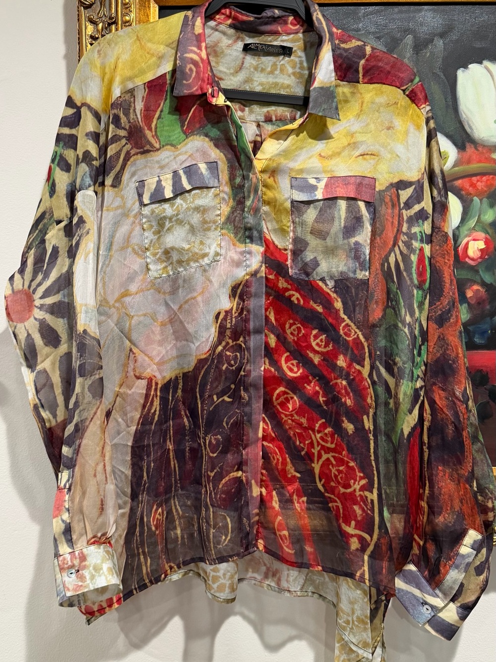 Sheer Multi-Color Printed Silk Button-Up Blouse